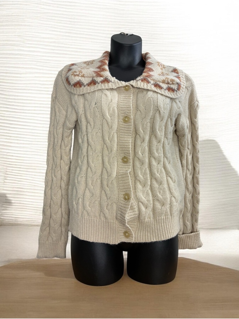 Hem & Thread Cream Cable-Knit Button Cardigan Fair isle Patterned Collar